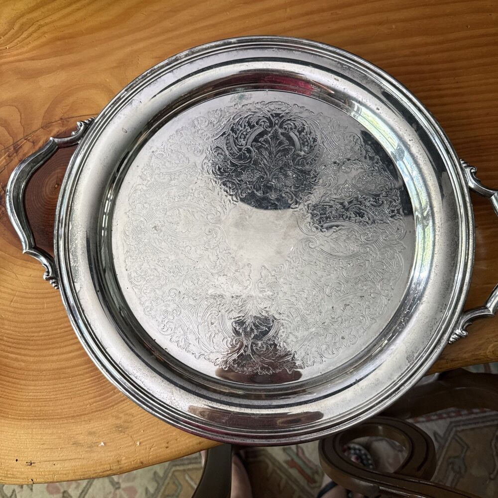 Vintage Oneida Engraved 12" Round Silverplate Serving Platter Tray Made In USA